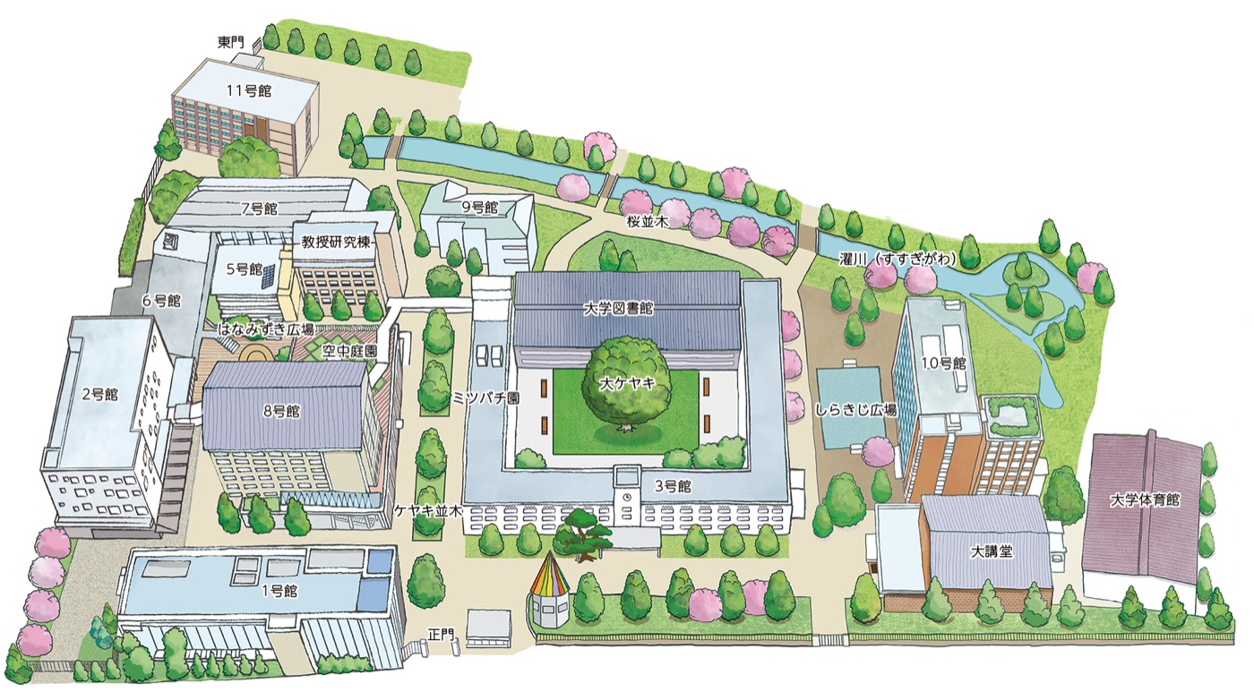 武蔵大学江古田キャンパスの構内図。図の左下に1号館、その左隣に2号館がある。